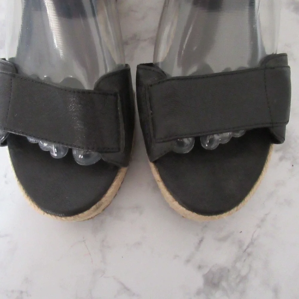 Eileen Fisher Sandals 8.5 Black Leather‎ Wedge Espadrille Adjustable Ankle Strap